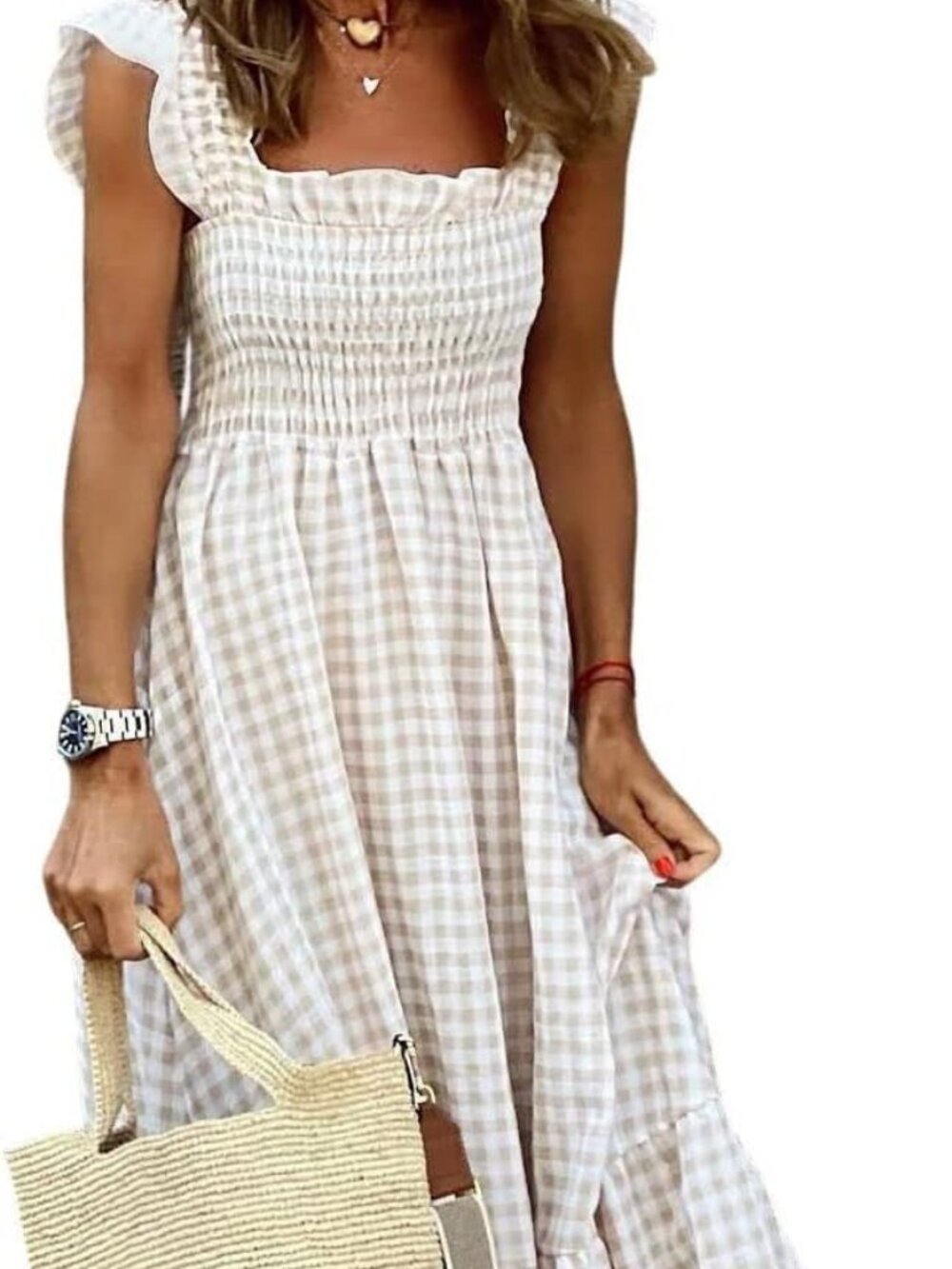 Women's Retro Plaid Smocked Dress Spaghetti Strap Flounce Long Dress